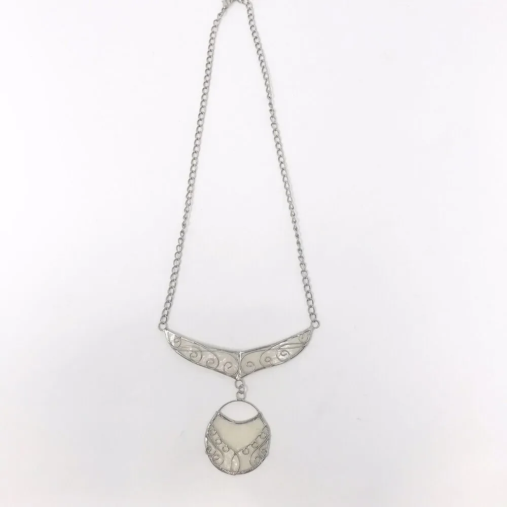 FairTrade Handcrafted Silver Scroll Metal Necklace With Abalone Shell Insert‎